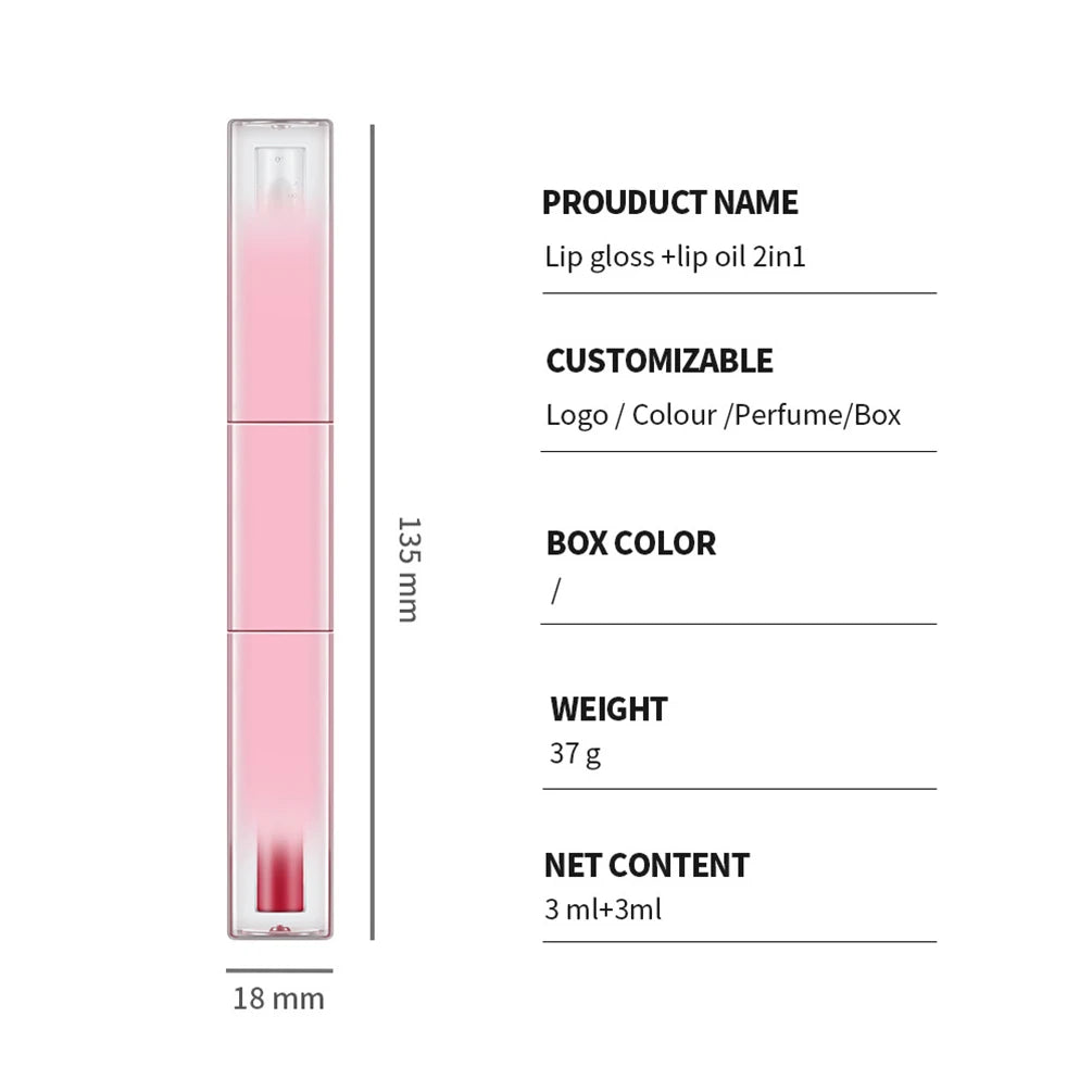 Custom 7colors Gradient Pink Tube Lipgloss Non-stick Cup Matte Waterproof 2in1 Double-head Long Lasting Hydrating Lip Oil Makeup