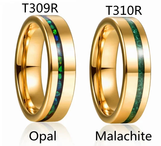 Tungsten Carbide Ring with Gold Polished Inlaid Green Opal &amp;amp; Malachite