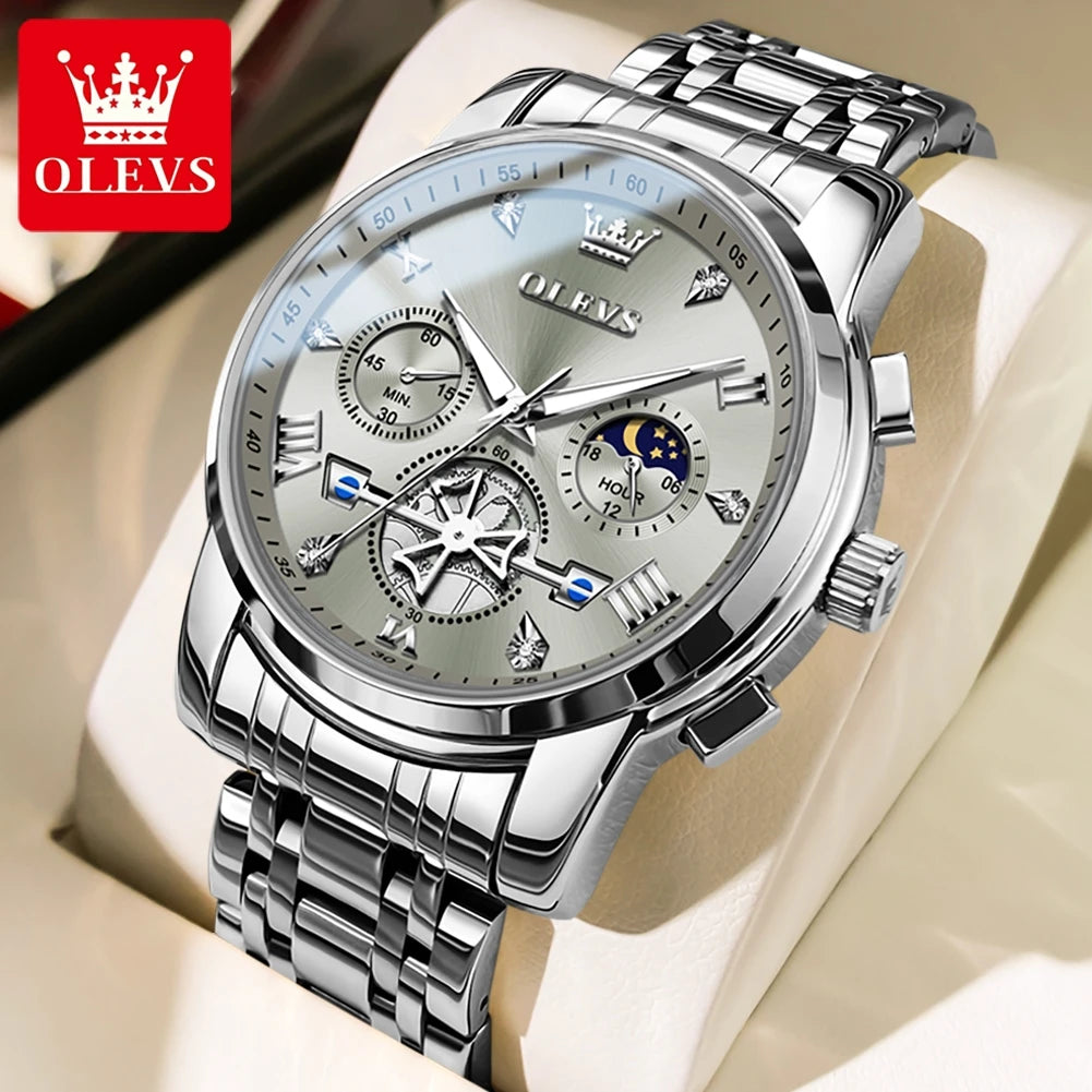 OLEVS Top Brand Men's Watches Classic Three Eyes Style Stainless Steel.