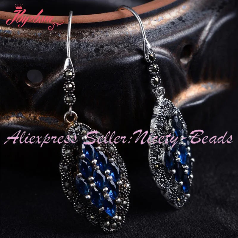 Rhombus Pink Red Blue CZ Crystal Stone Marcasite Tibetan Silver Dangle Hook Earring 1 Pair for Women Bridal Engagement Jewelry