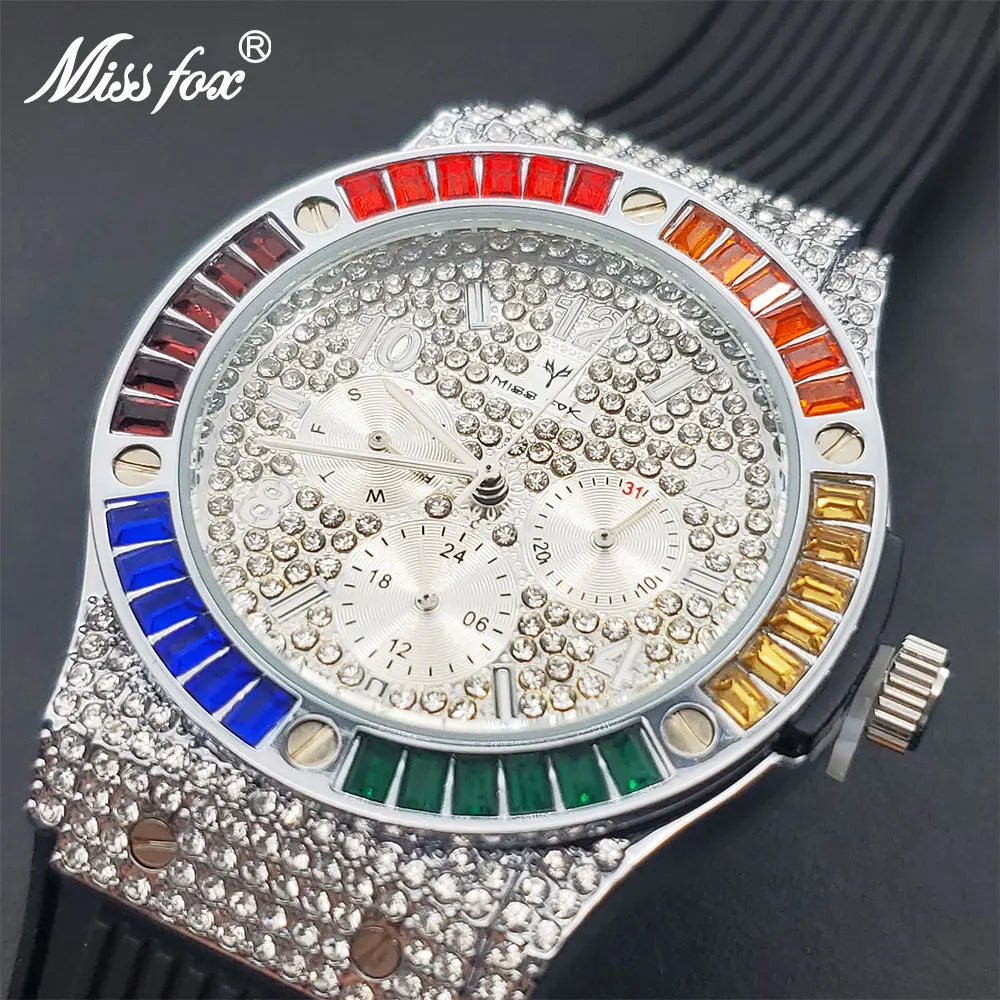 Men's Quartz Watch With Rainbow Diamond Luxury Stylish Sport Wristwatch For Men Chronograph Silicone Strap Watches Winner Gift