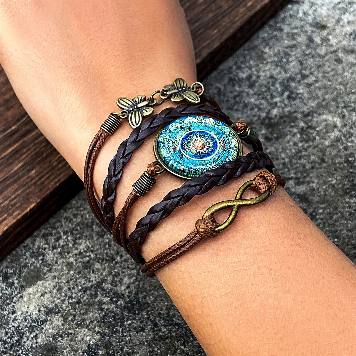 Vintage Handmade Multilayer Butterfly Dragonfly Charm Leather Bracelet Women Fashion Glamour Mandala Art Picture Bracelet Bangle