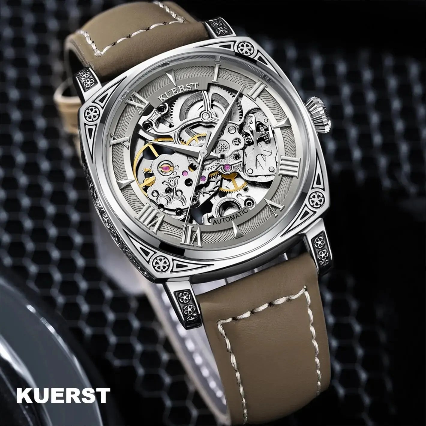 KUERST Automatic Mechanical Roman Steel Nails/waterproof Hollow/three-dimensional Carved Shell Fashion Glow-in-the-dark Watch