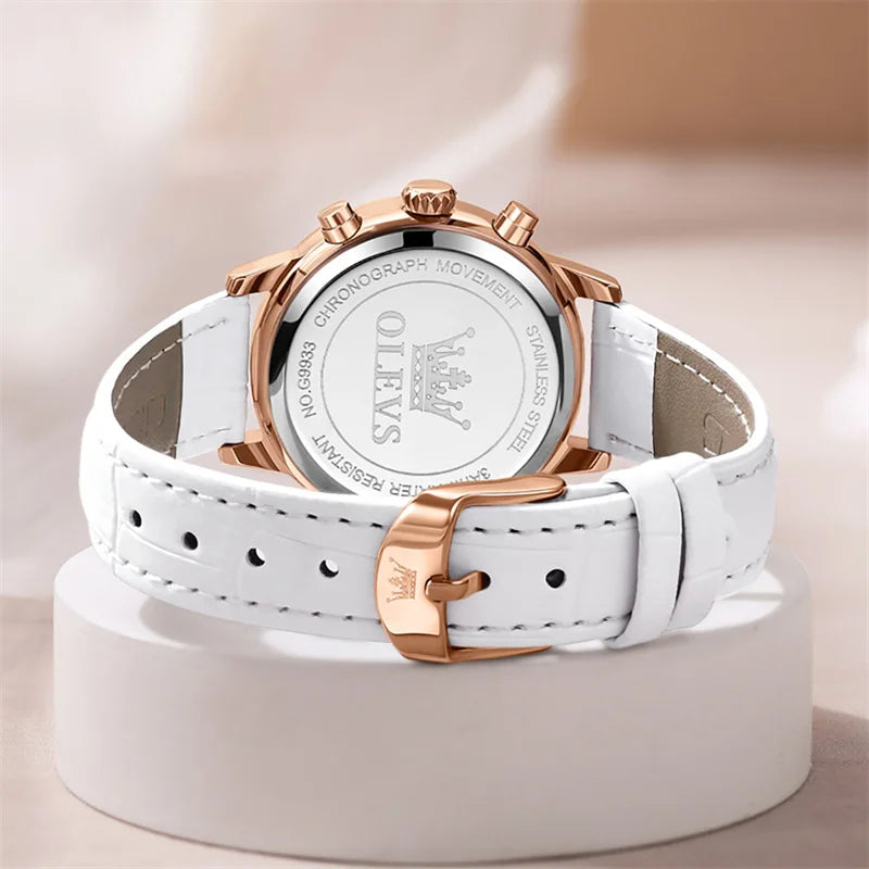 OLEVS Fashion Diamond Silver White Women Watch Leather.