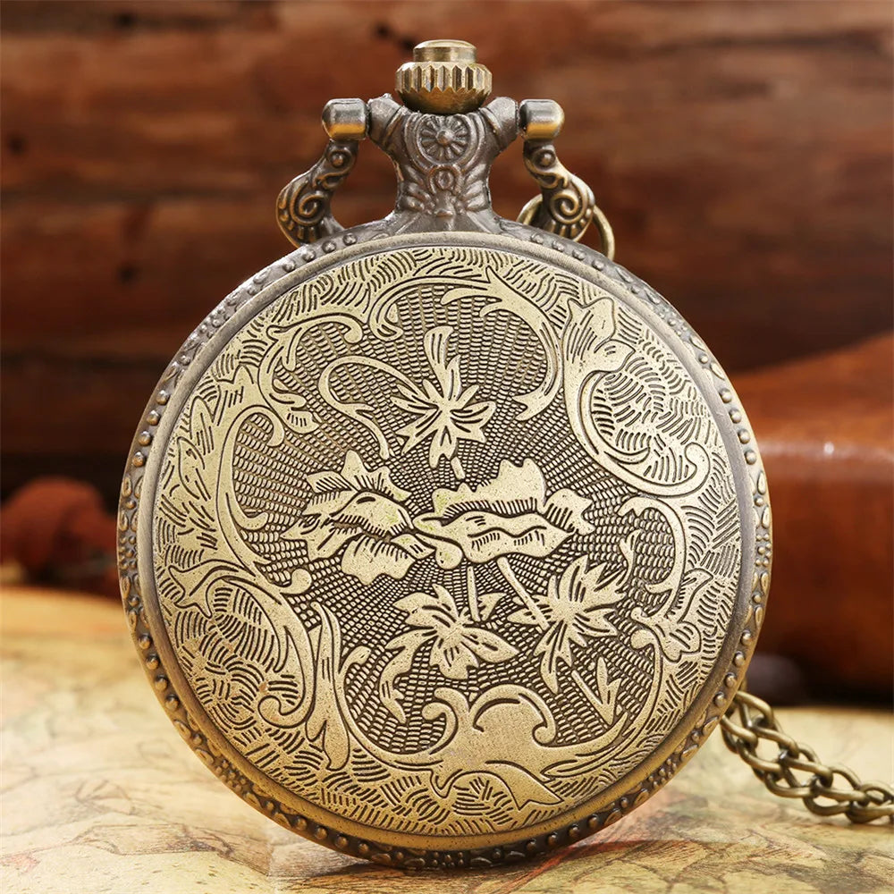 Vintage Retro Bronze Hollow Train Locomotive Steampunk Quartz Pocket Watch Women Men Necklace Pendant with Chain Birthday Gift