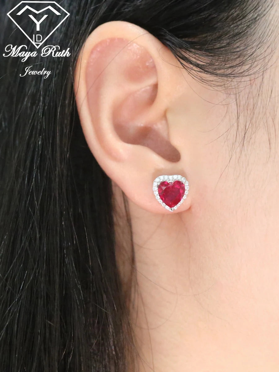 Lab Created Ruby Red Gemstone 925 Sterling Silver Heart Shape Earrings For Women White Gold Plated Gifts For Wife Girlfriend