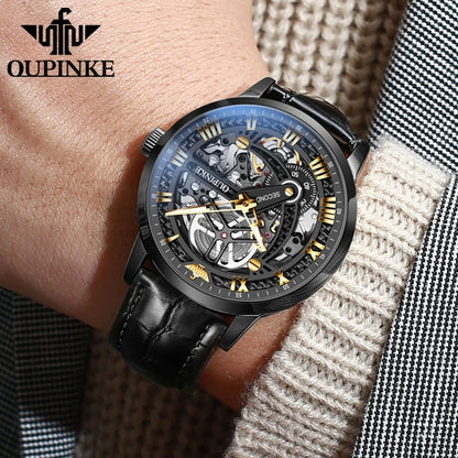 OUPINKE Men Watches Luxury Automatic Mechanical Self Winding Skeleton 5ATM Waterproof Sapphire and Tungsten Steel Wrist Watch