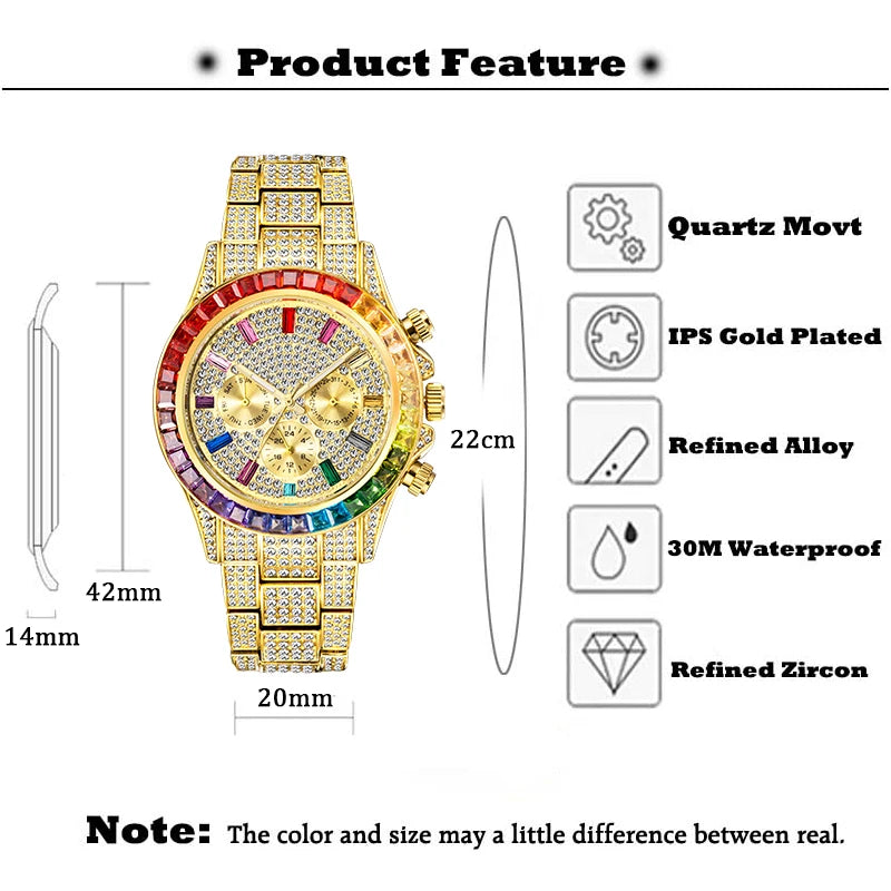 Men Luxury Watch With Rainbow Diamond Glittery Iced Quartz Watches For Man Hip Hop Auto Stylish Calendar Hand Clock High Quality