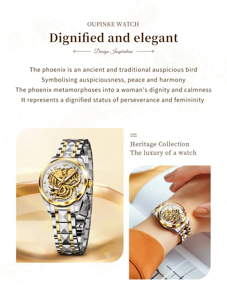 OUPINKE Luxury Carving Phoenix Women Automatic Mechanical Watches New Waterproof Lady Wrist Watch Casual Fashion Watch for Women