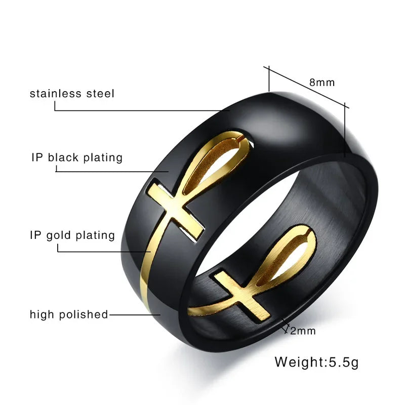 Separable Ankh Egyptian Cross Ring for Men Black Gold Color Stainless Steel Rings Key of Life Wedding Male Anel Jewelry Gifts