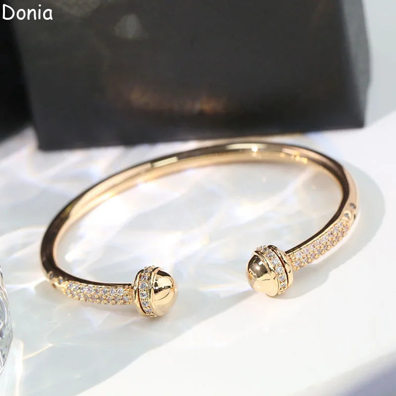 Donia Jewelry European and American fashion double-headed round bead titanium steel micro-set zircon opening luxury bracelet