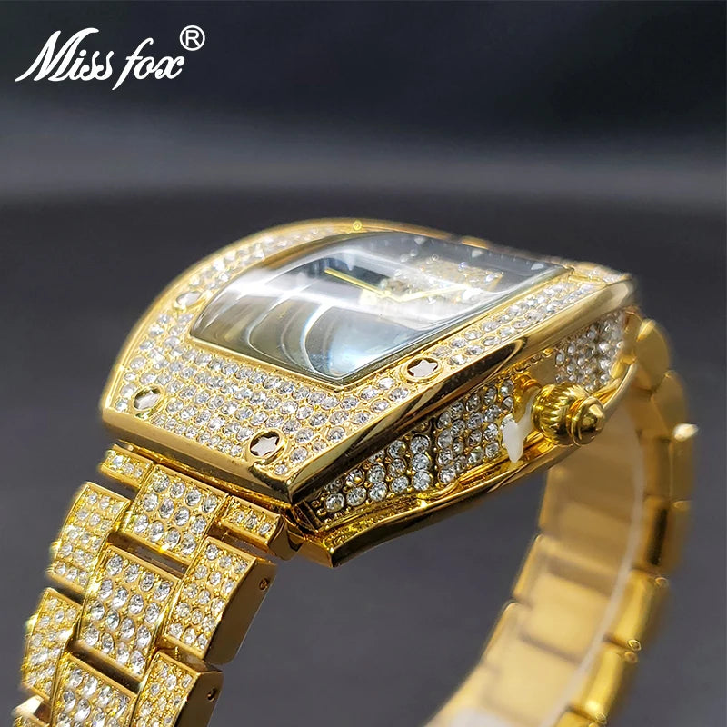 New Gold Tonneau Watches For Men Luxury Full Iced Diamond Quartz Men's Watch Fashion Hip Hop Big Dial Hand Clock Dropshipping