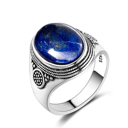 Sterling Silver 925 Ring Natural Big Oval Lapis Rings for Men Women Retro Luxury Fine Jewelry Party Anniversary Gift