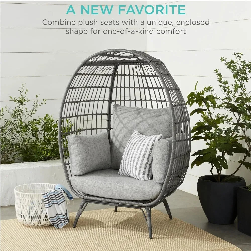 Wicker Egg Chair, Oversized Outdoor Lounger for Patio, Backyard,w/ 4 Cushions, Steel Frame, 440lb Capacity - Gray/Heather Gray