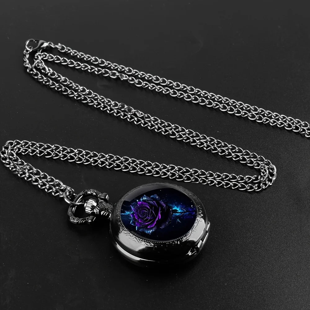 Retro Purple Rose Quartz Movement Pocket Watch,Stylish Black Necklace Chain, Classic Exquisite Design Watch Accessory For Women