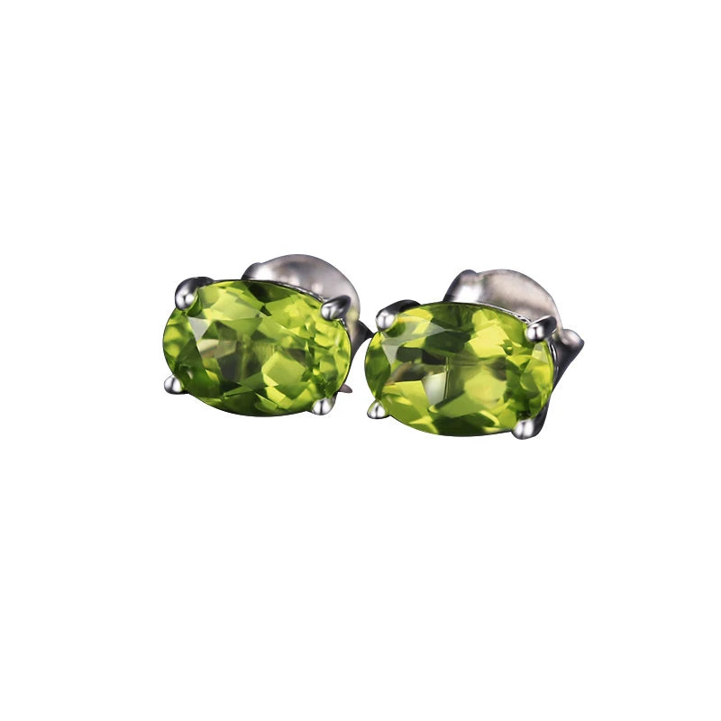 Silver Earrings Oval Natural Green Peridot Stud Earrings for Women Gemstone Earring Party Anniversary Gifts