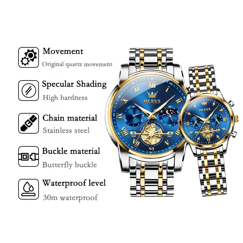 OLEVS Luxury Brand Couple Watches Waterproof Luminous Stainless Steel Quartz Watch His and Hers Moon Phase Fashion Lovers Set