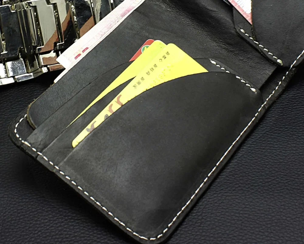 Top Genuine Leather Handmade Stitches Bifold Bussiness Men Card Cash Wallet Gift