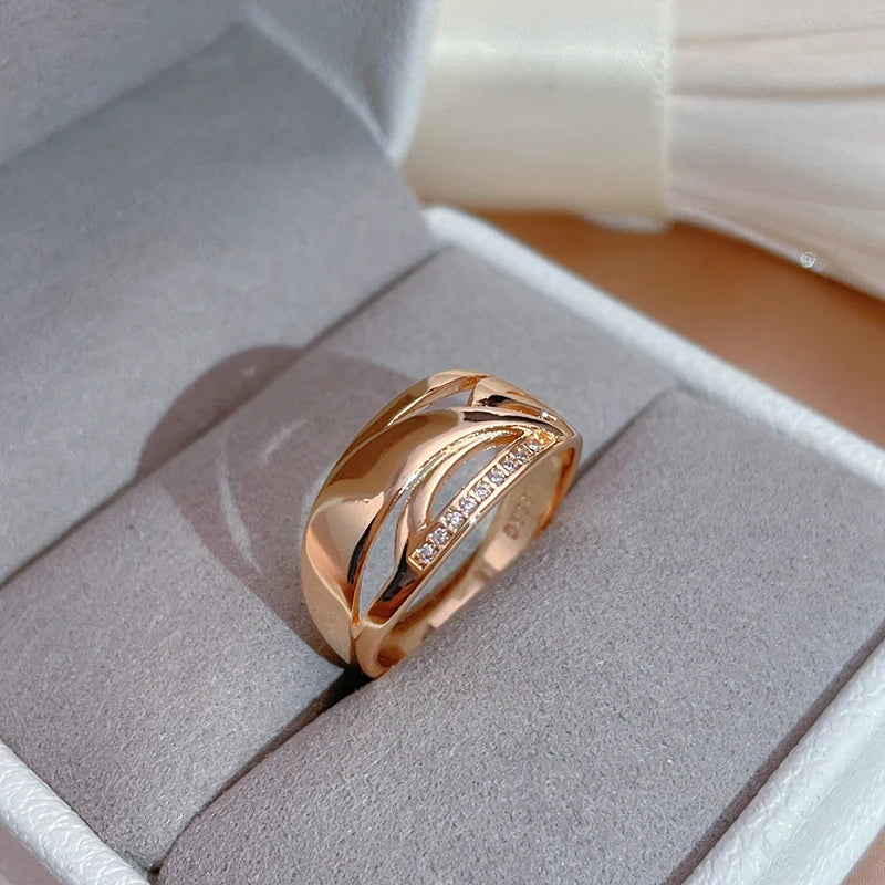 Hot 585 Rose Gold With Natural Zircon Ring for Women New Fashion 2022 Geometry Glossy Rings Fine Wedding Jewelry