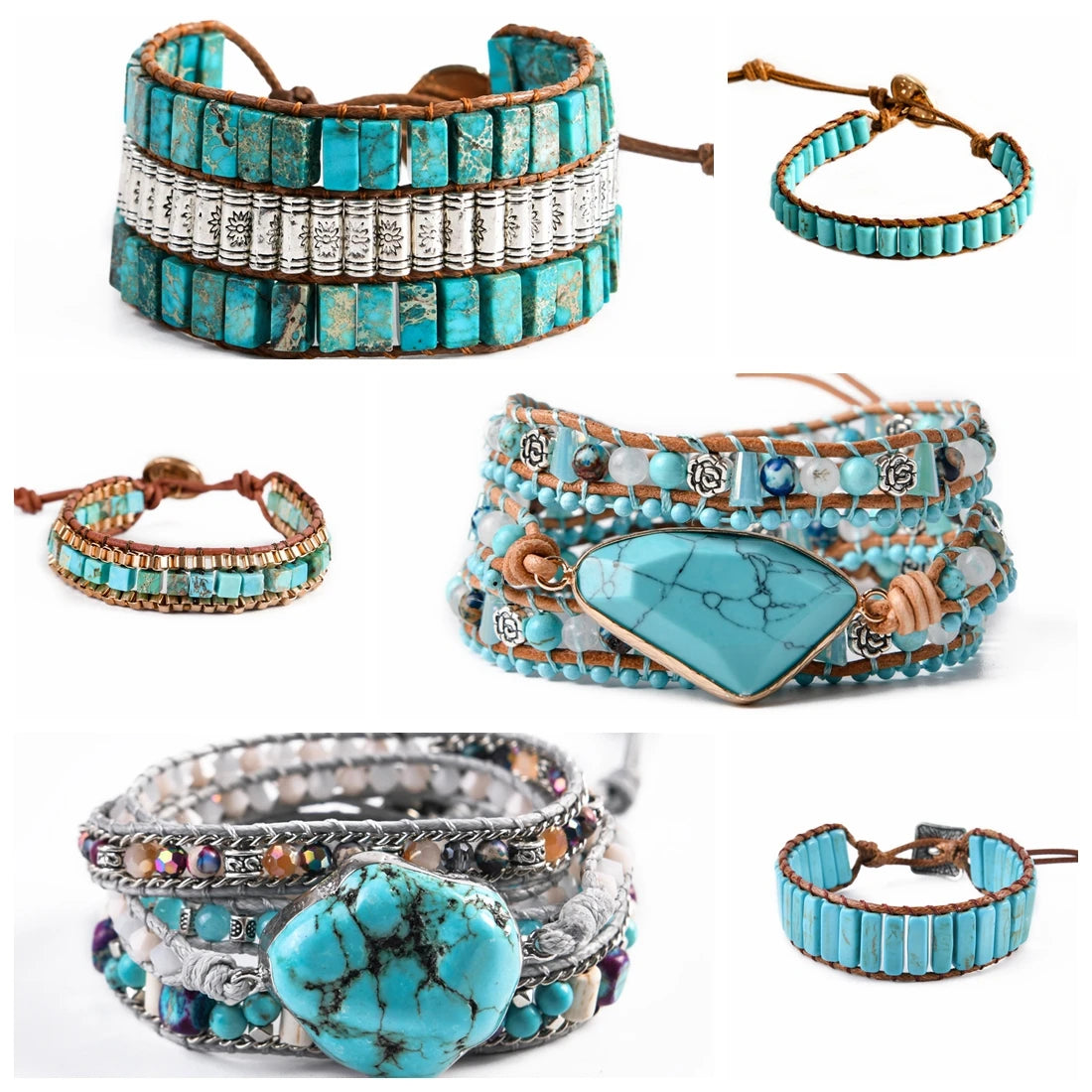 Fashion Style Turquoise Beads Leather Bracelet Bohemian Handmade Multi Layer Bangle Bracelet for Women Homme Jewelry