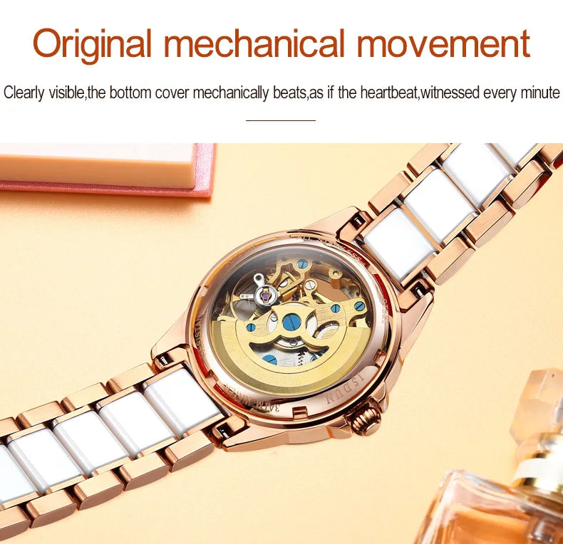 Luxury Mechanical Women Watch Love Swan Design Skeleton Elegant Ceramics Strap Waterproof  Ladies Wristwatch Girls Dress Watch