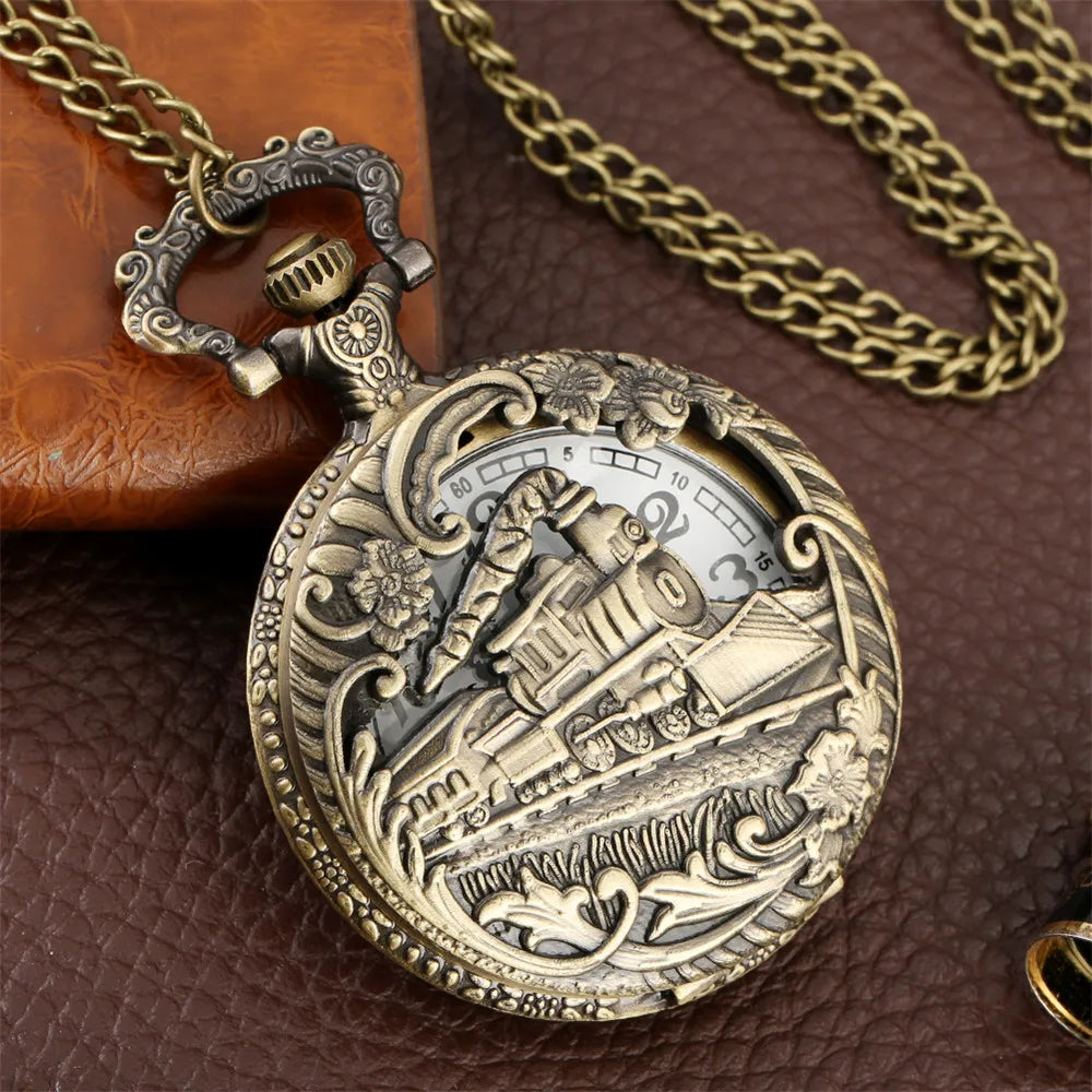 Vintage Retro Bronze Hollow Train Locomotive Steampunk Quartz Pocket Watch Women Men Necklace Pendant with Chain Birthday Gift