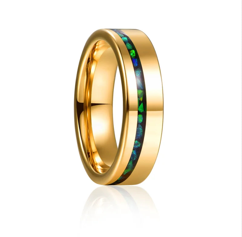 Tungsten Carbide Ring with Gold Polished Inlaid Green Opal &amp; Malachite