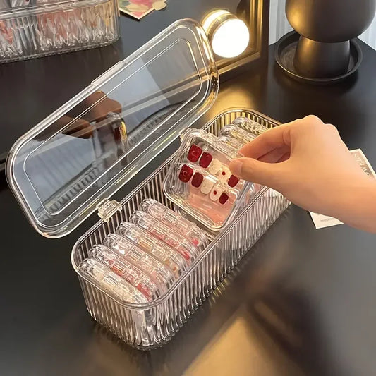 1pc Acrylic Press-On Nail Organizer With Lid-Transparent Dustproof Storage For False Nails Makeup Brushes&Powder Puffs Dropship