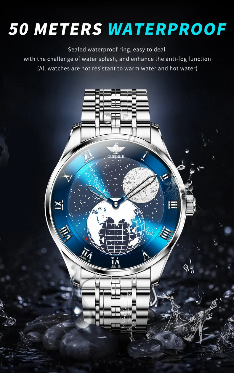 OUPINKE 3230 Men Watch Luxury 3D Earth Starry Sky Moon Phase Rotating Dial Business Waterproof Men Automatic Mechanical Watch