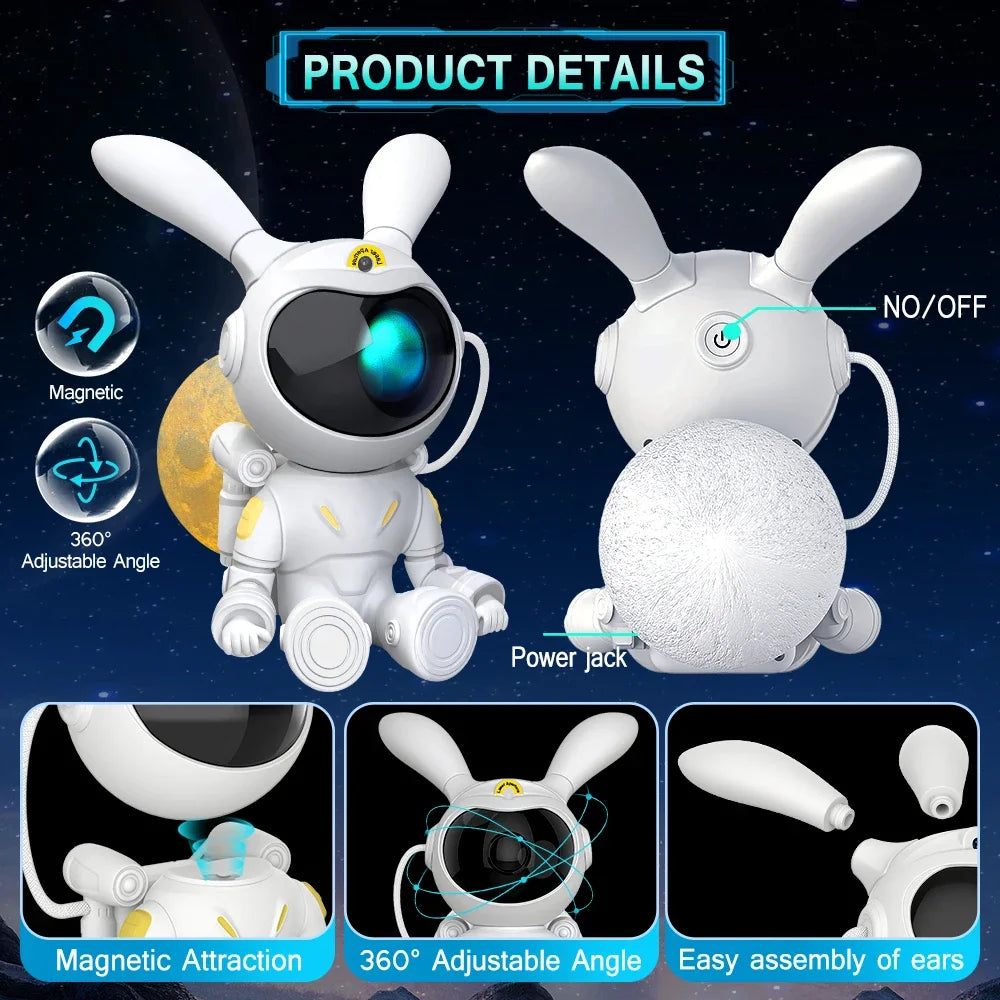 Rabbit astronaut night light, Galaxy star projector, Celestial night light, Space-themed lamp, Astronaut rabbit light, Kids night light, Nursery decor, Starry sky projector, LED night light, Children's room lighting, Ambient night light, Galaxy projection lamp, Decorative night light, Novelty night light, Bedside lamp,