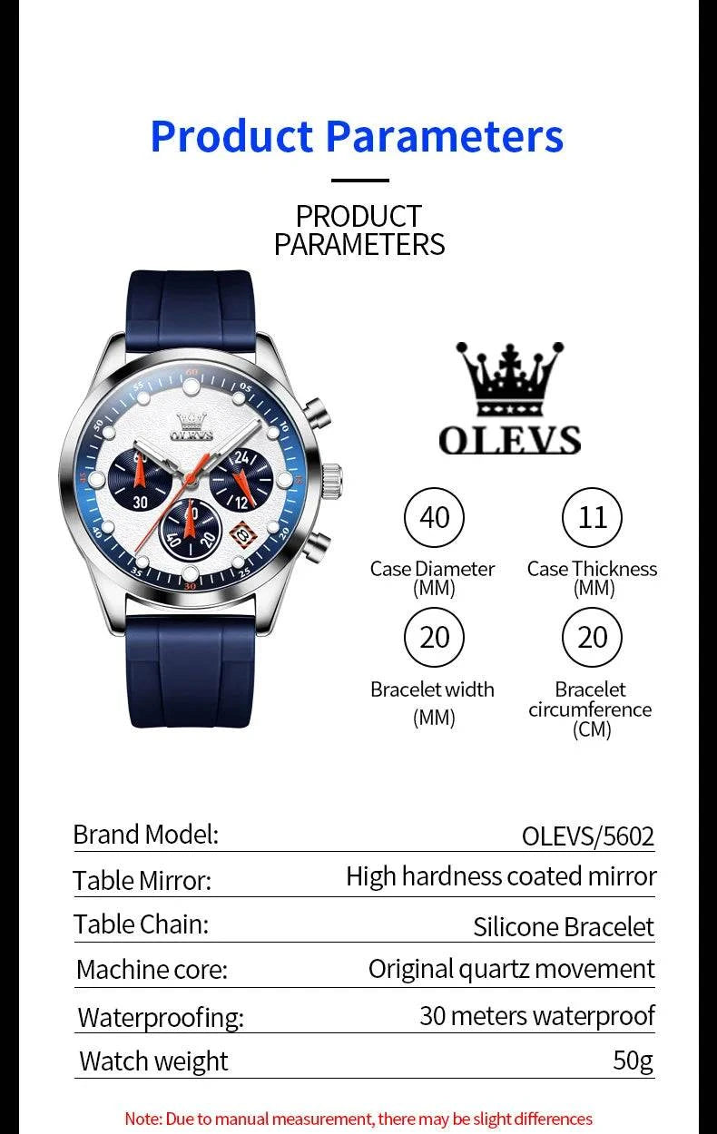 OLEVS 5602 New Sport Chronograph Quartz Watch For Men Waterproof Silicone Strap Man Watches Top Brand Fashion Hand Clock 2024