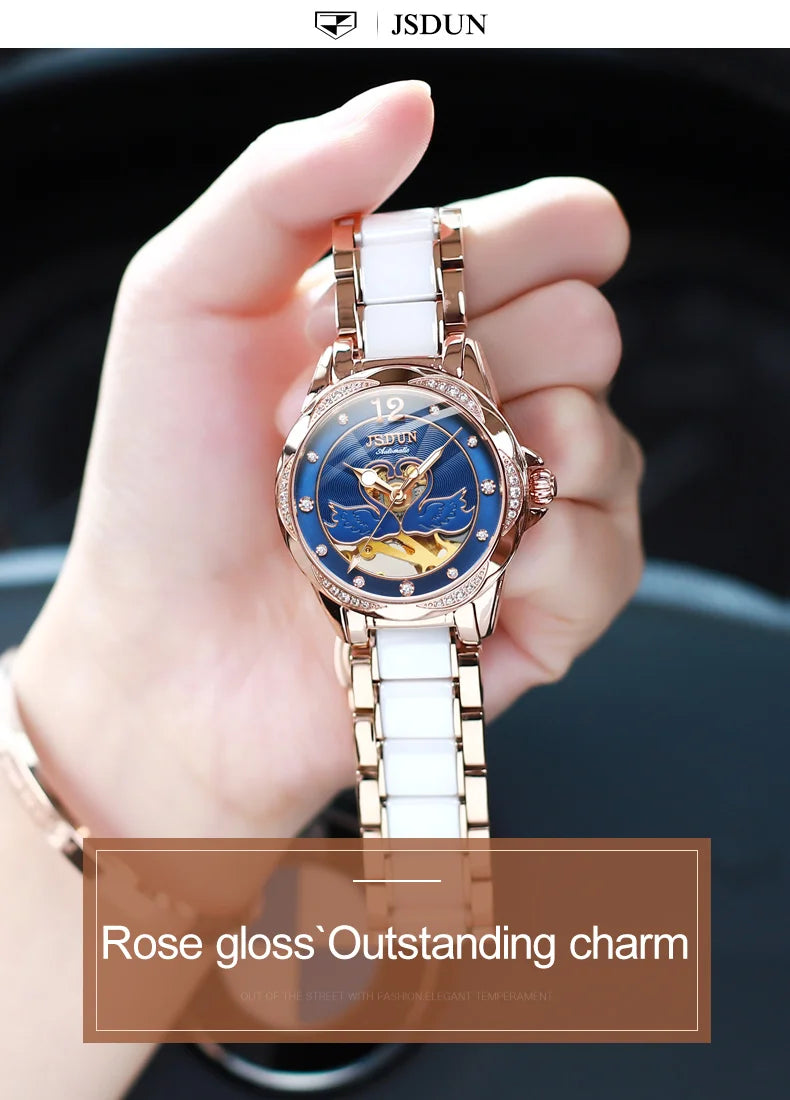 Luxury Mechanical Women Watch Love Swan Design Skeleton Elegant Ceramics Strap Waterproof  Ladies Wristwatch Girls Dress Watch