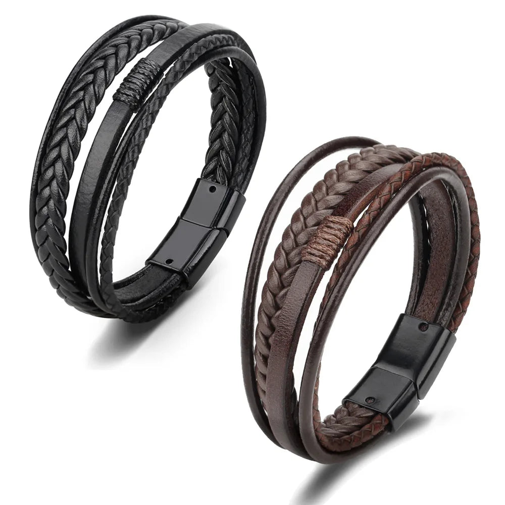 New Mens Magnetic Leather Bracelets Handmade Braided Multilayer Cord Ethnic Jewelry Accessories Male Armband Gifts