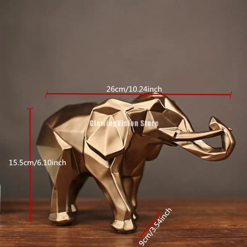 Geometric, Resin, Gold, Elephant, Sculpture, Modern, Decor, Art, Home accents, Animal sculpture, Contemporary design, Metallic finish, Decorative figurine, Handcrafted, Unique centerpiece,