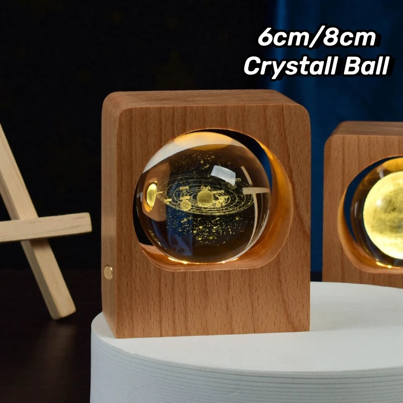 Wooden Case Luminous Crystal Ball Night Light 8cm/6cm 3D Galaxy Solar System LED Nightlights Dimmable Lamp for Decoration Gifts