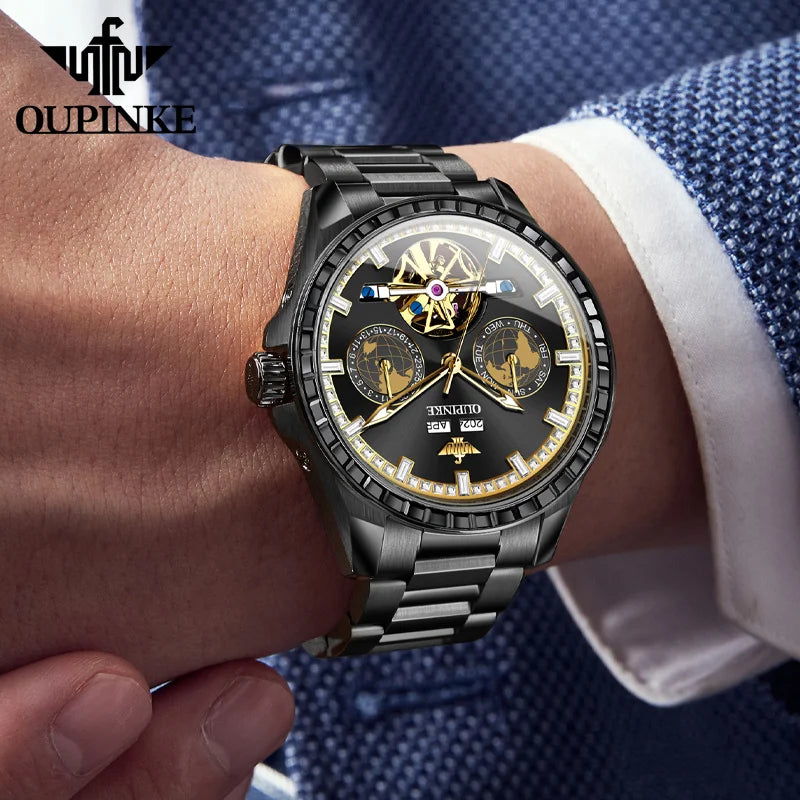 OUPINKE 3280 Hollow Skeleton Mechanical Men Watch Luxury Fashion Auto Date Watch For Men Deep Waterproof Business Man Wristwatch