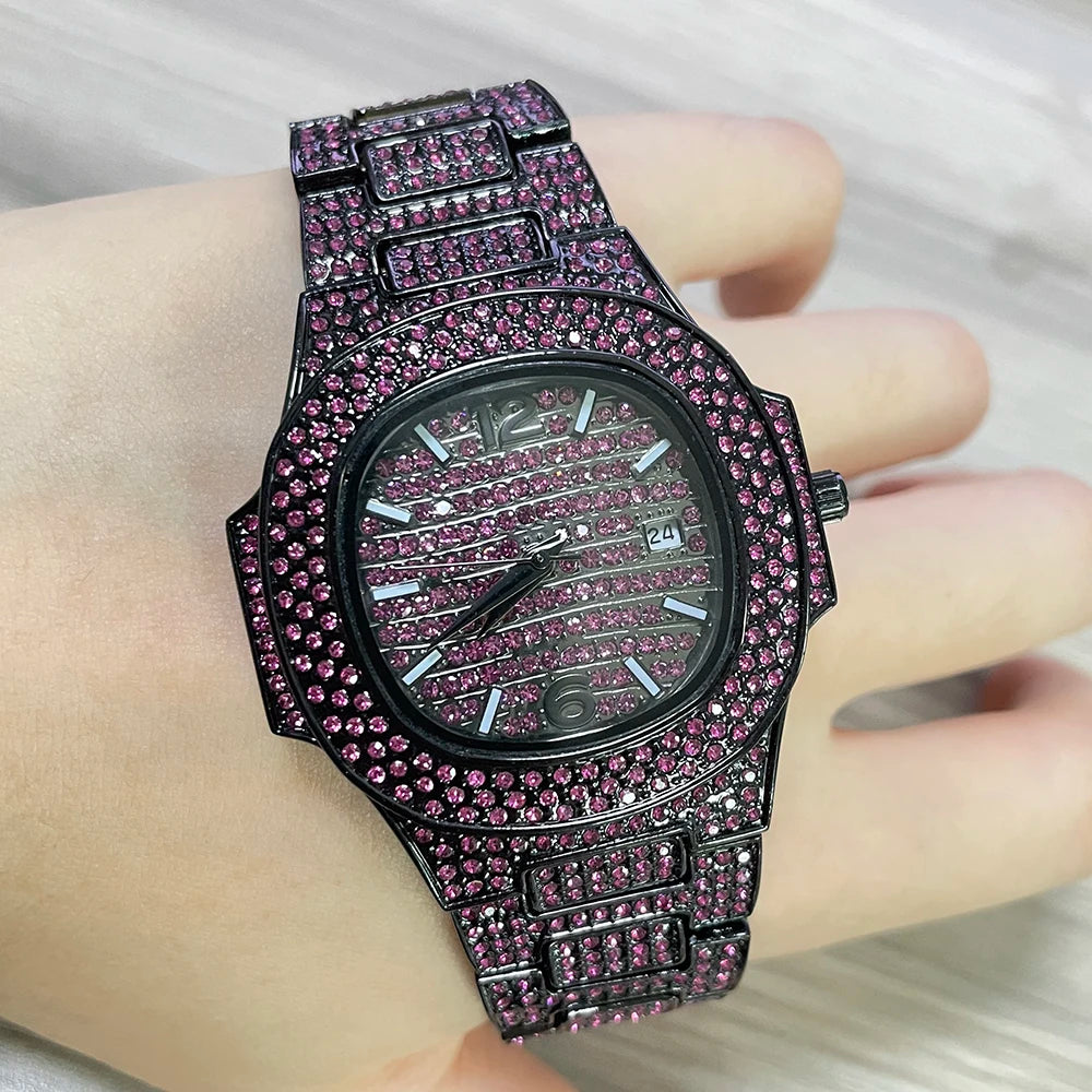 Pink Iced Diamond Hip Hop Watch.