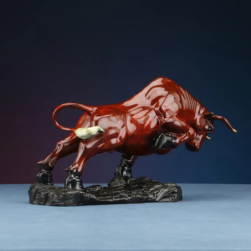 Red Bronze Forge Ahead Bull Statue.