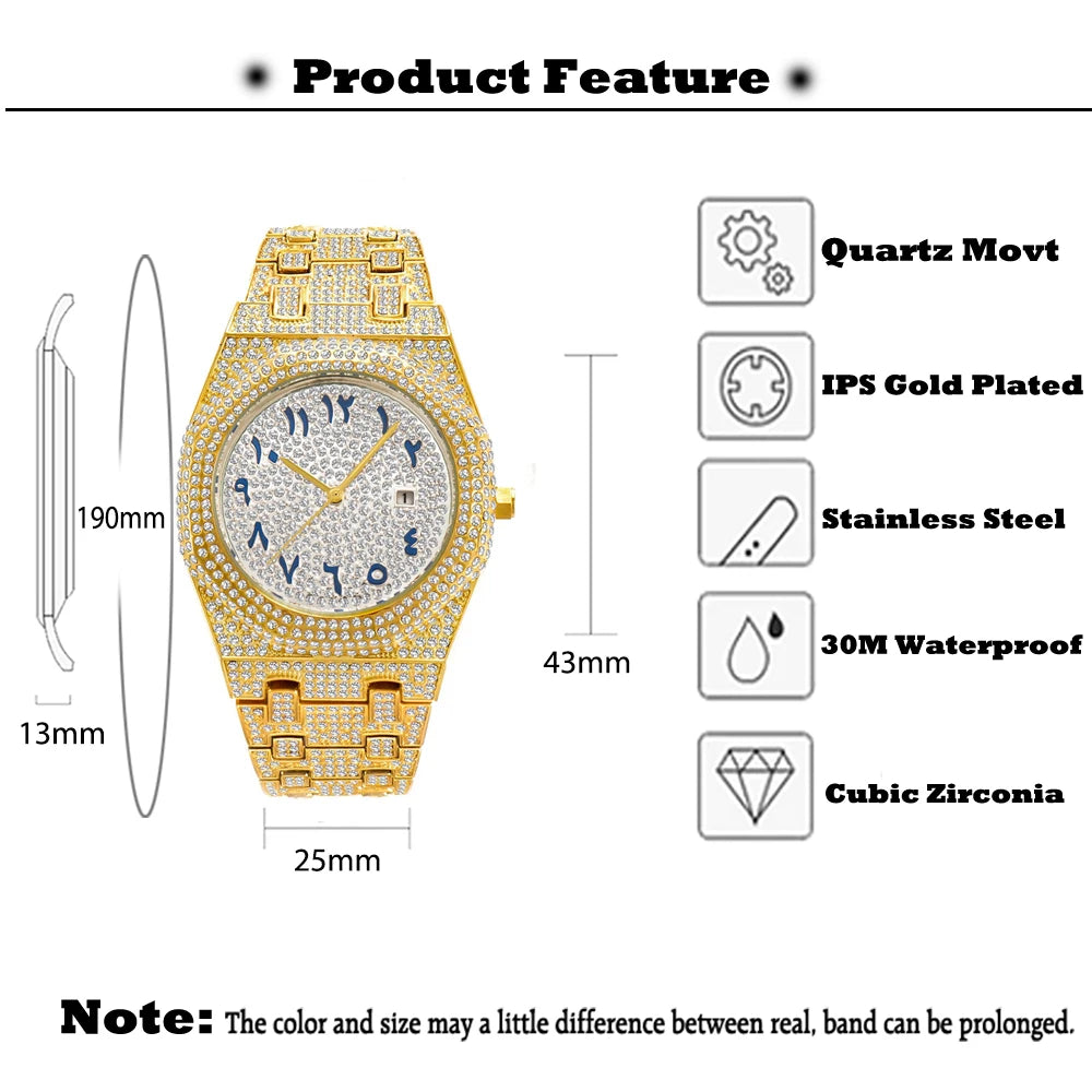 Male Luxury Watch Gold Octagon Diamond.