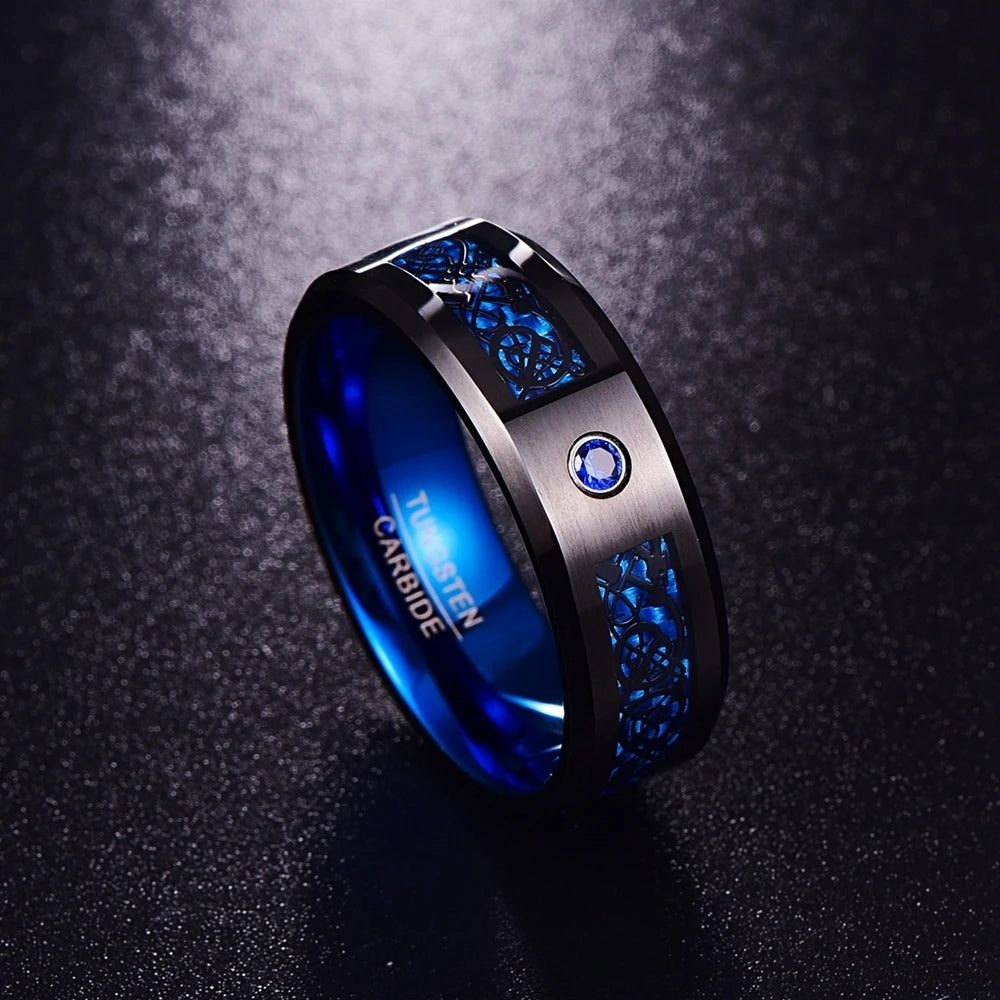 Tungsten Carbide Ring Carbon Fiber Blue Zircon Men Women Rings Anillos Para Hombres Black Dragon Jewelry