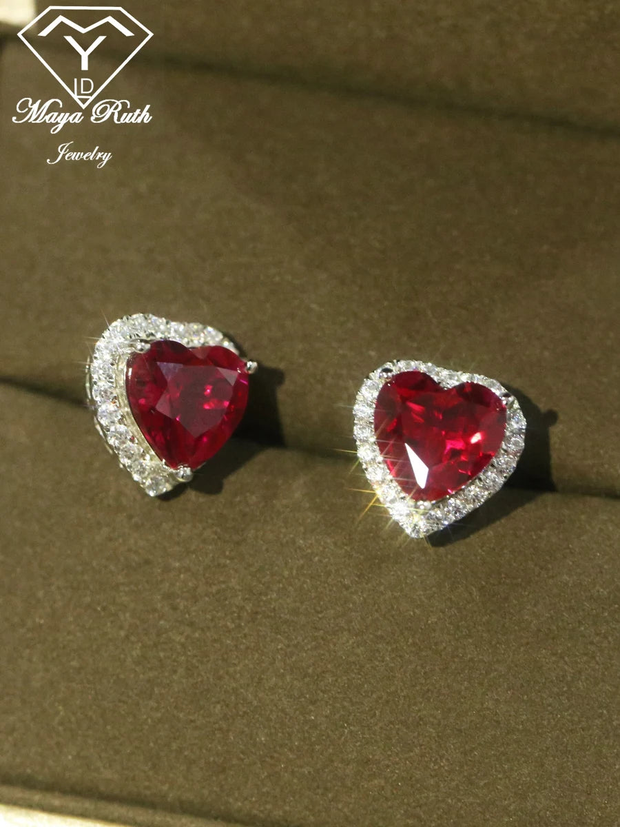 Lab Created Ruby Red Gemstone 925 Sterling Silver Heart Shape Earrings For Women White Gold Plated Gifts For Wife Girlfriend