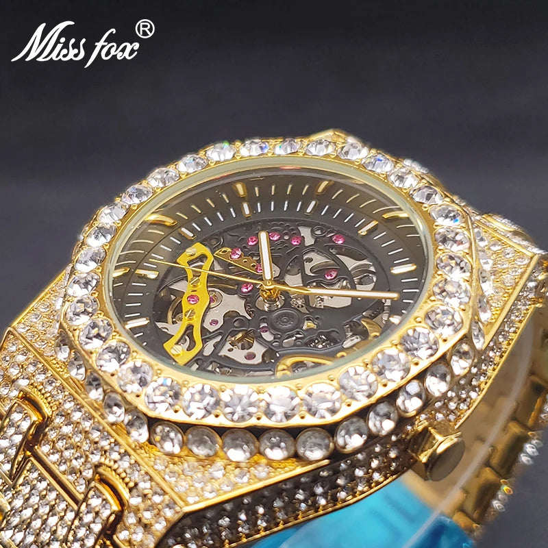 Iced Out Men's Automatic Watch Hip Hop Luxury Diamond Mechaincal Watches For Male Large Octagon Dial Waterproof Hand Clock Man