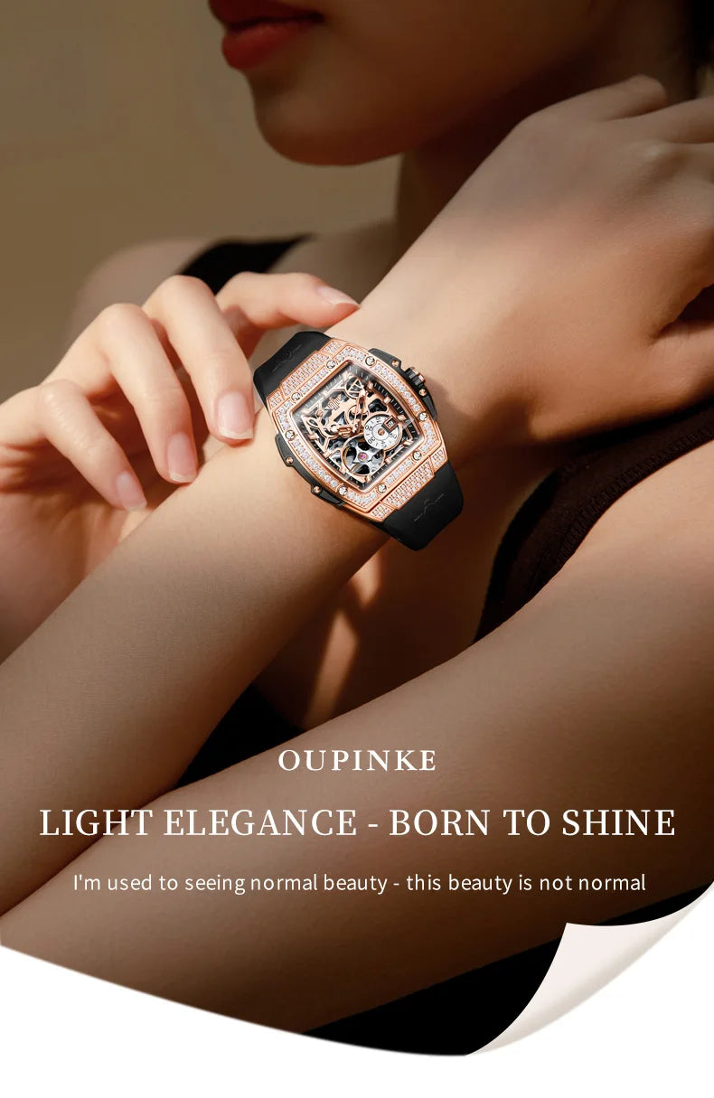 OUPINKE 3220 Diamond Woman Mechanical Watch Hollow Out Chronograph Automatic Watch for Women Luxury Elegant Ladies Wristwatch