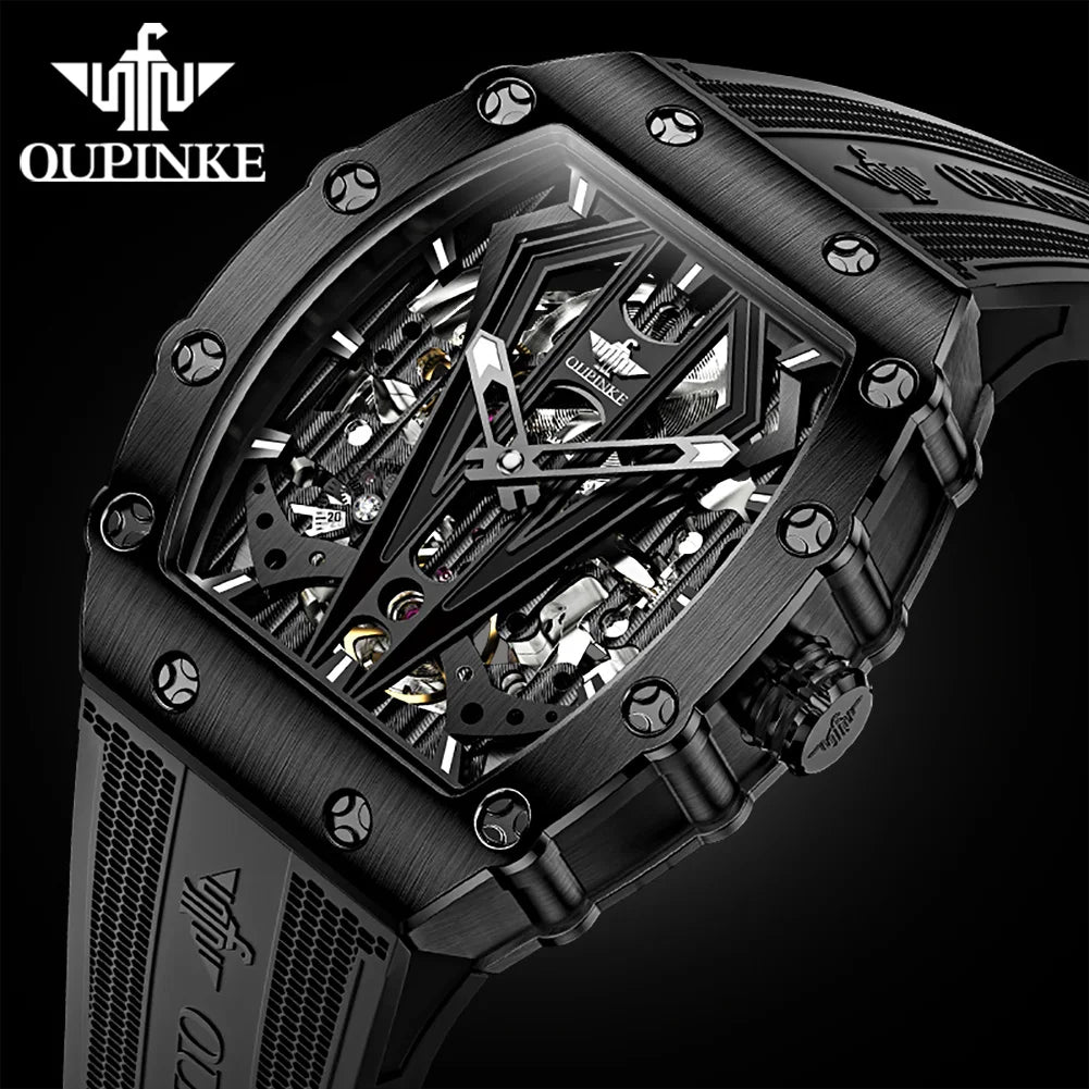 OUPINKE Mens Watches Luxury Brand Automatic Mechanical Wristwatch Fashion Skeleton Silicone Strap Sports Waterproof  Watch Men