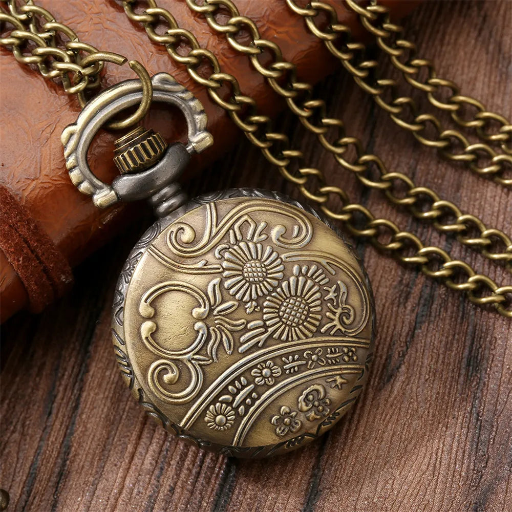 Vintage Retro Bronze Hollow Train Locomotive Steampunk Quartz Pocket Watch Women Men Necklace Pendant with Chain Birthday Gift