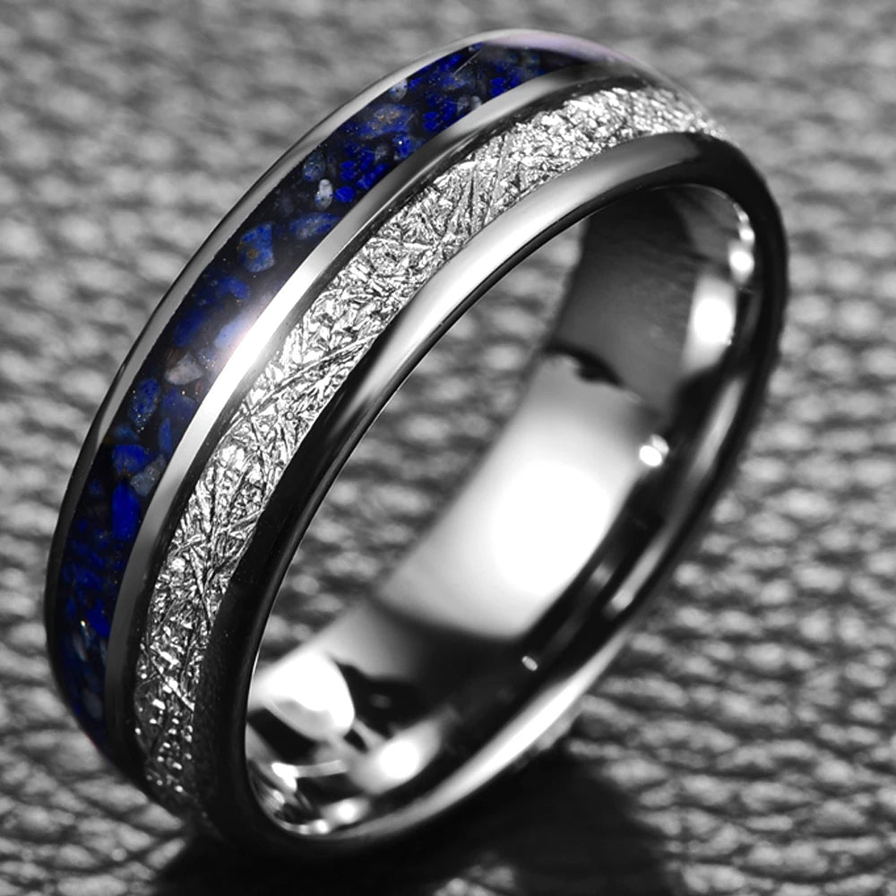 Tungsten Carbide Steel Ring Lapis Lazuli Imitation Meteorite Ring Jewelry for Men Wedding GIft