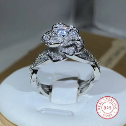 Sterling Silver Rose Ring White Zircon Full Diamond.