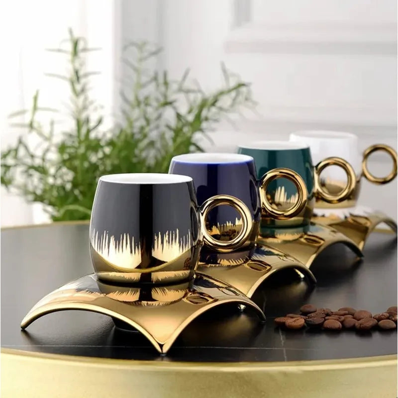 Turkish Coffee Cup Set of 6 with Saucers & Tray - Luxury Arabic Greek Japanese Marble Ceramic Tea Cups for Espresso Cappuccino