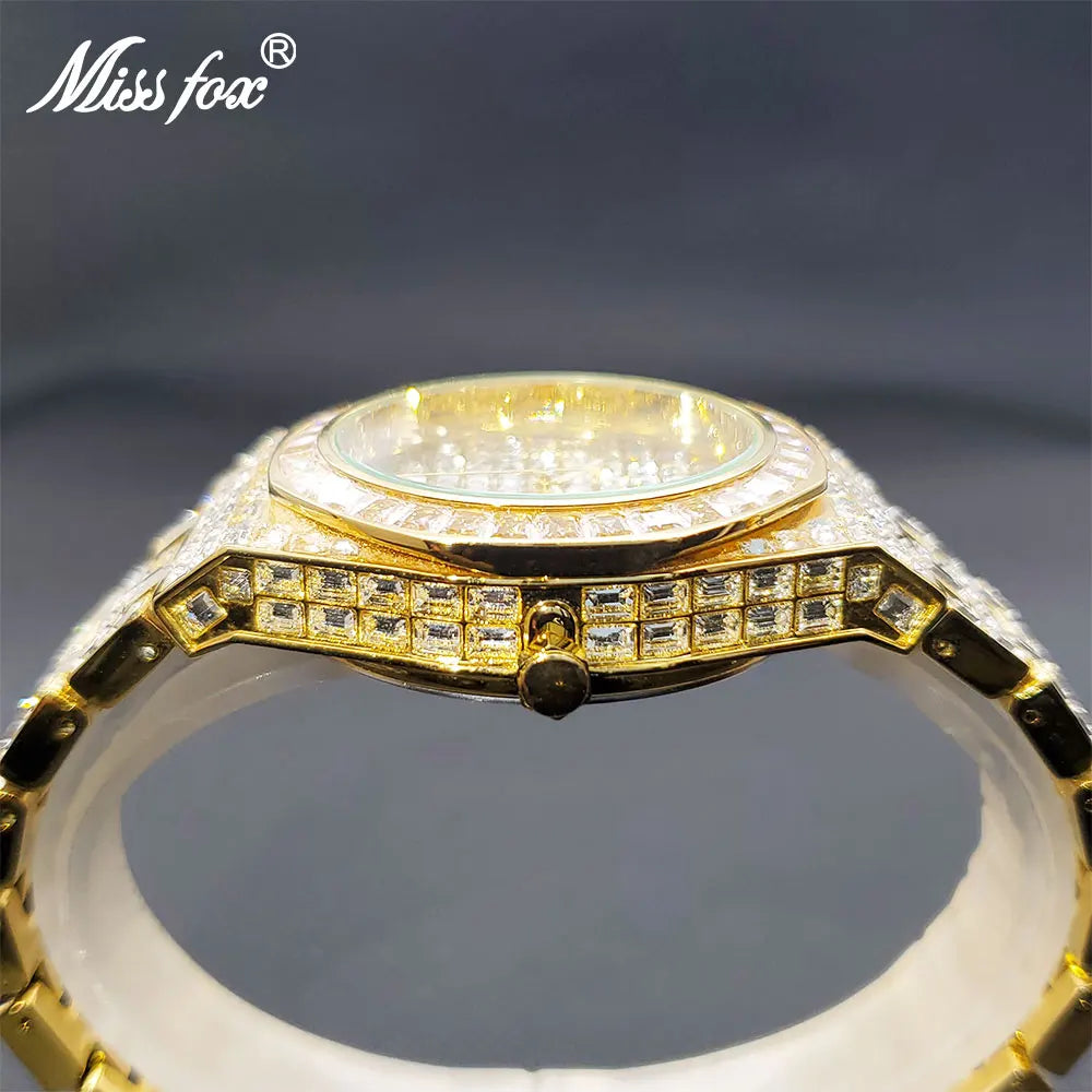 Men's Watch Cover Baguette Gem Luxury Gold Stylish 40mm Quartz Wristwatches For Man Waterproof Calendar Diamond Clock Droship