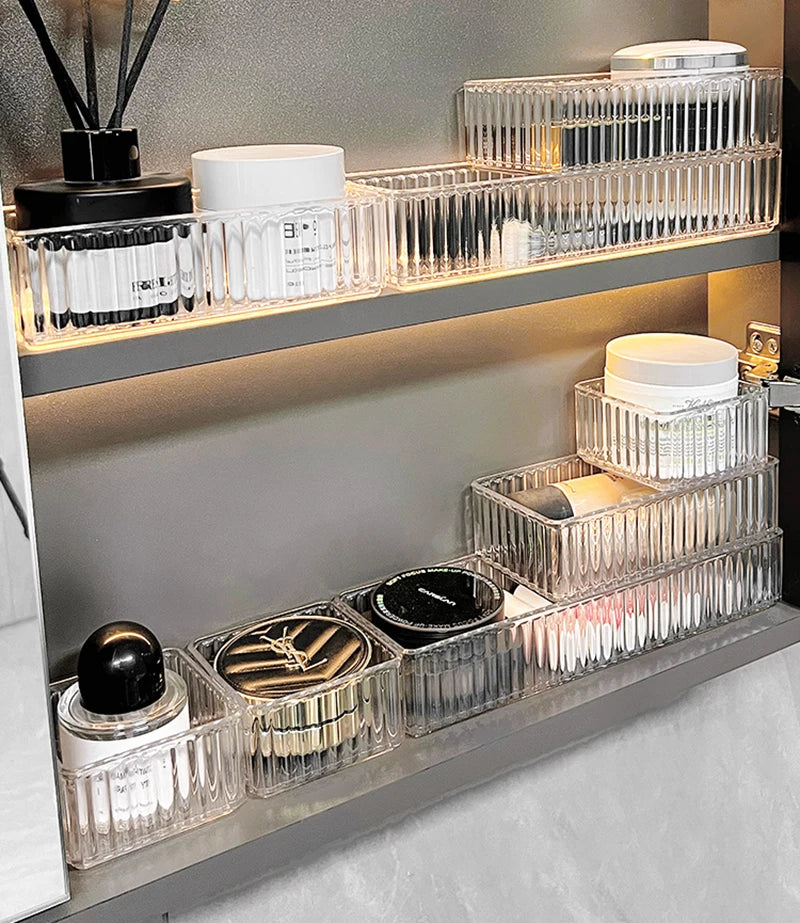 Plastic Transparent Cosmetics Storage Boxes Set Stackable Vanity Bathroom Makeup Organizer Bin Desktop Drawer Organizer